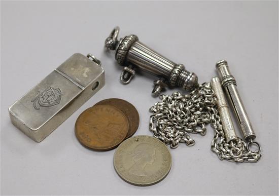 A riflemans light infantry whistle, vesta, two silver pencils and three coins